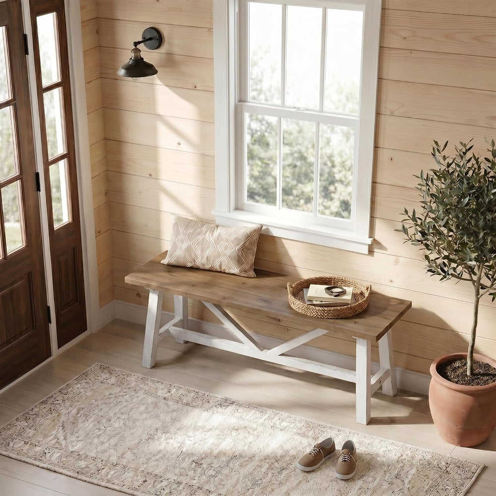Wnutrees 43" Farmhouse Solid Wood Bench, Narrow Long Seat, White | Entry...