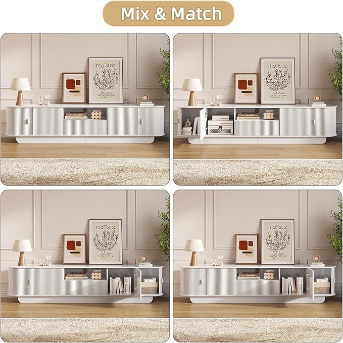 Coffee Table and TV Stand Set of 2, Round Center Table with Storage, Fluted Coffee Table with 360° Sliding Doors, 86.6" Entertainment Center for Bedroom, Living Room, White
