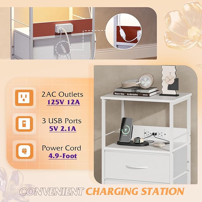 WLIVE White Night Stand Set of 2 with Charger Station, LED Nightstand with 2 ...