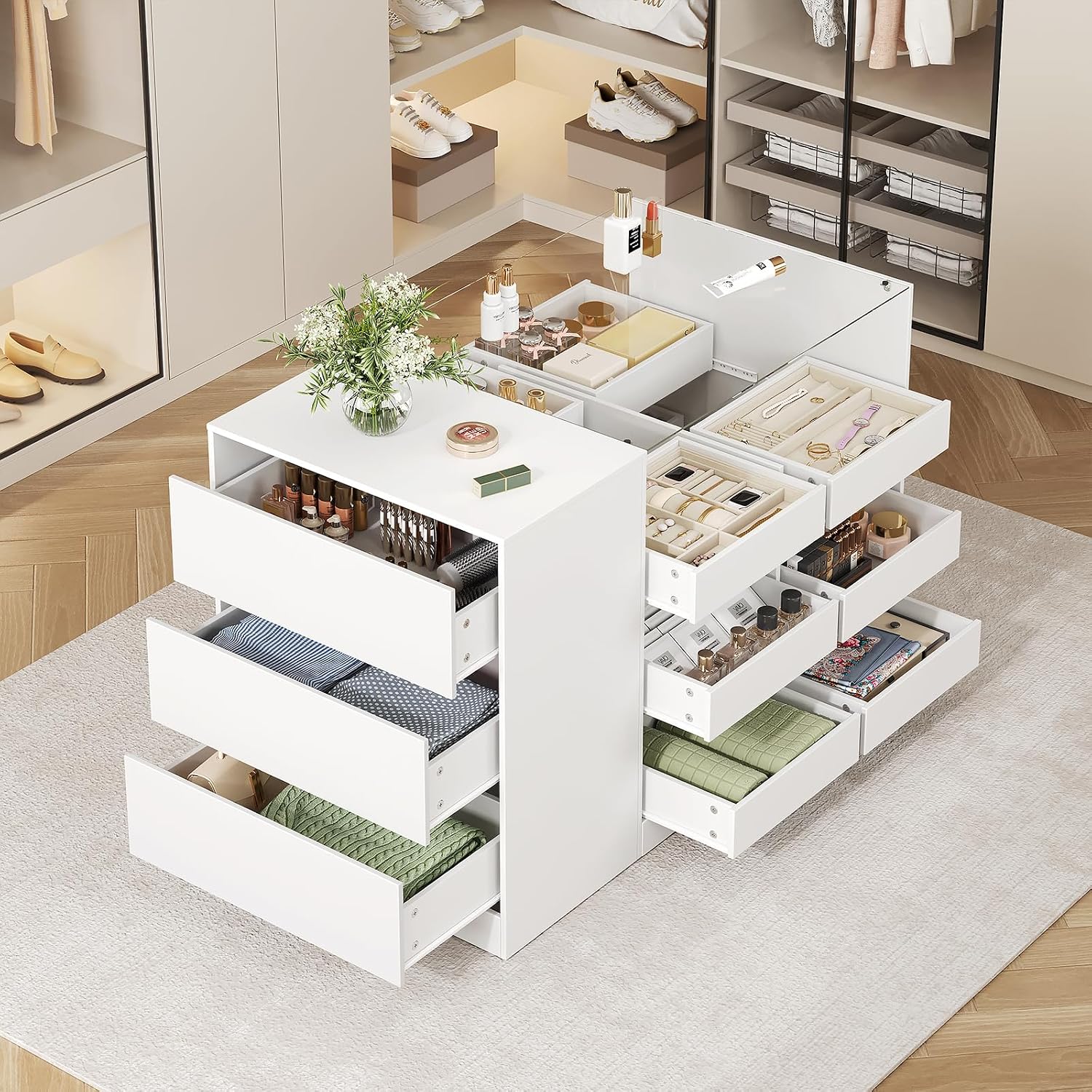 LIVAUVEAD Closet Island with 15 Drawers, Glass Top & Display Shelves, White | Wardrobe Armoire Bedroom Island, White Dresser with Glass Display Shelf, Walk-in Closet Island for Bedroom, Cloakroom