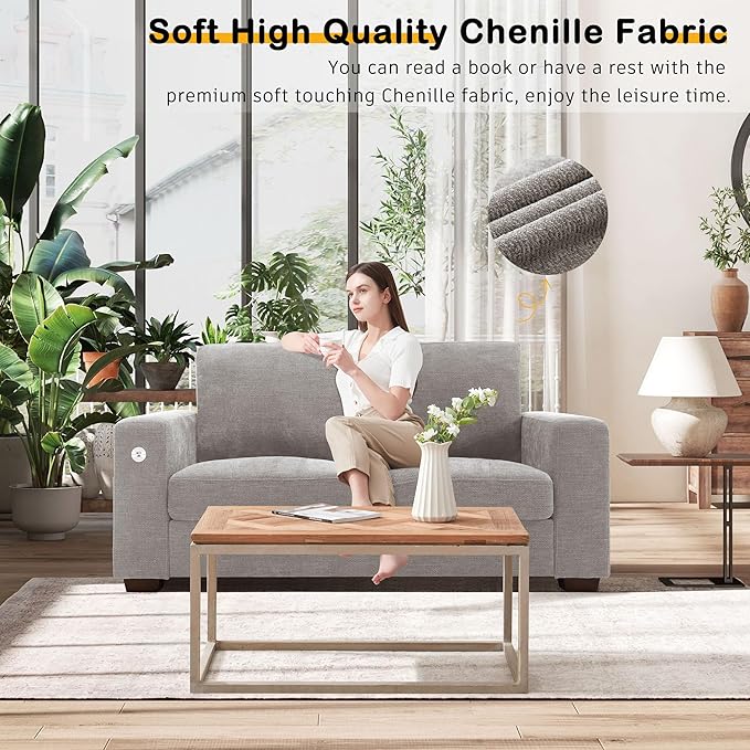 Hanherry 70" Loveseat Sofa for Living Room, Modern Comfy Couch with Medium Firm Seat Cushion, Removable Cover,Wide Armrest,USB/Type-C Port,Chenille Fabric Couches for Small Space,Apartment,Bedroom