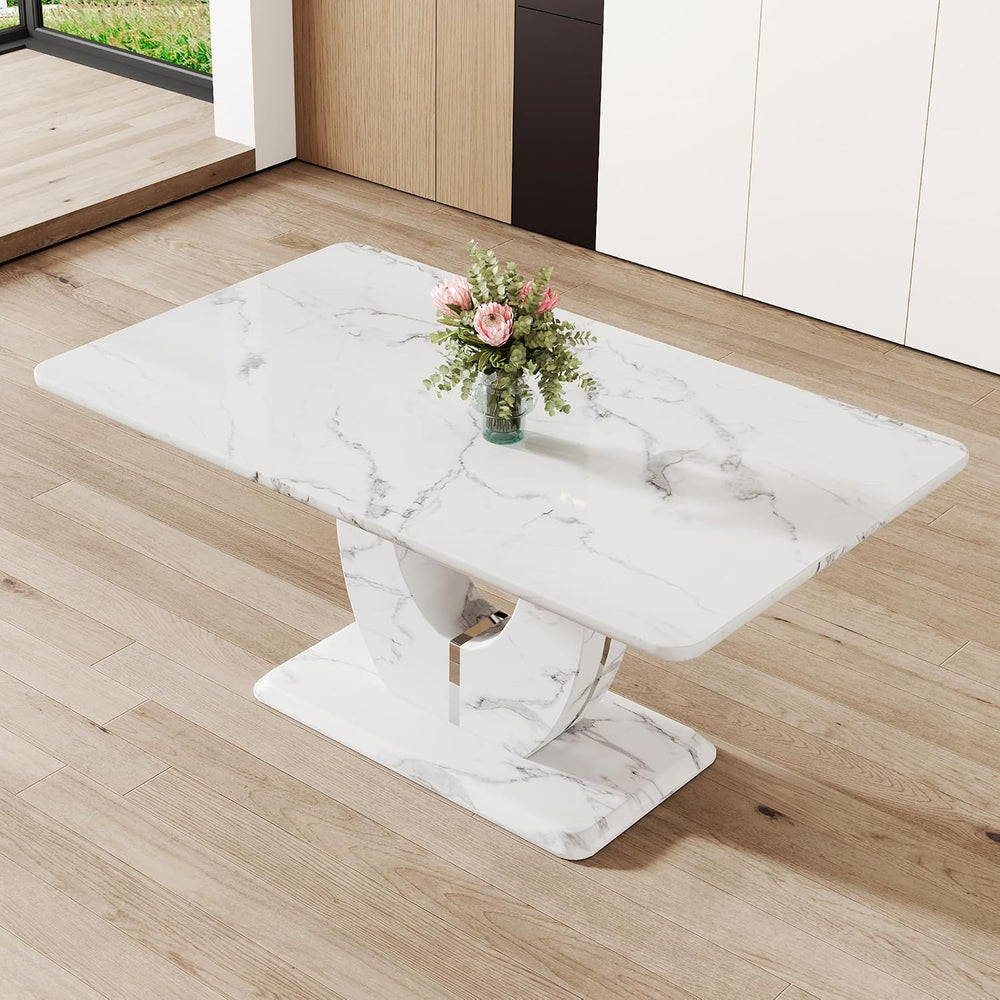 JUFU 63" Faux Marble Dining Table for 4-6 People, Modern Rectangular Kit...