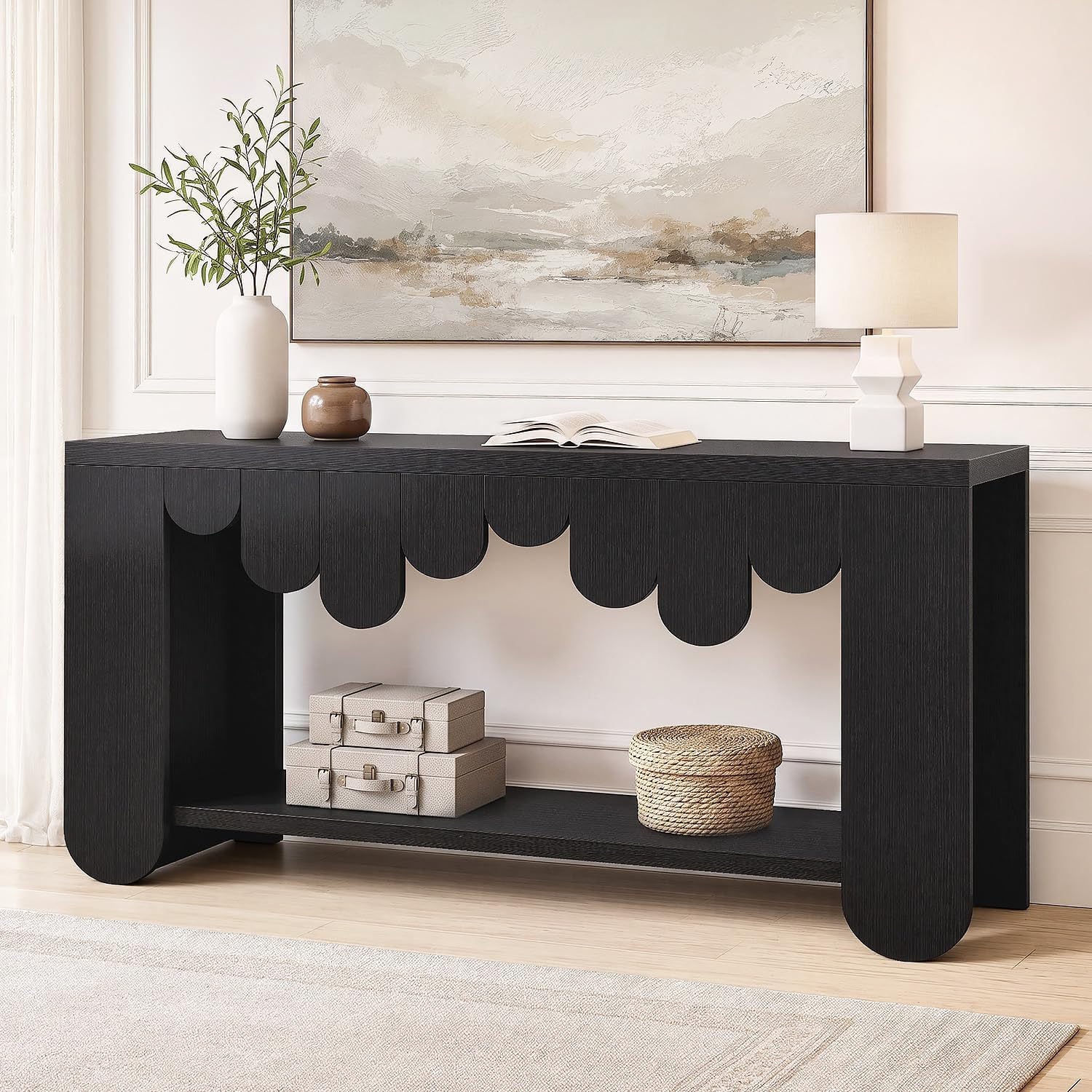 IBF Black Oak Console Table, 63” Long Wood Entryway Table with Storage | 2-Tier Modern Sofa Table Behind Couch for Home Living Room, Rectangular Entry Table for Hallway Entrance Foyer Front Door