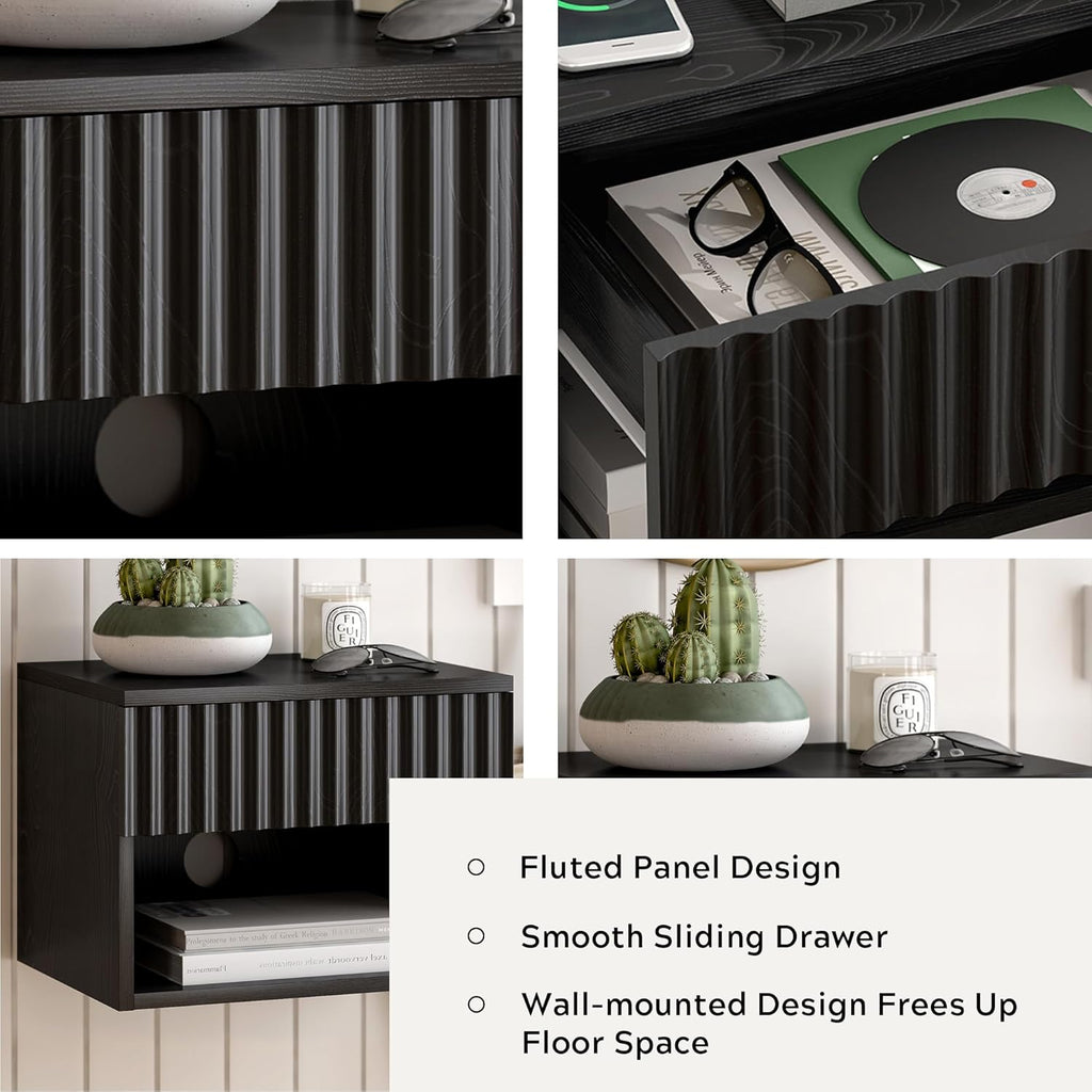 Floating Nightstands Set of 2 with Drawer and Open Shelf, Small Wall Mounted Bedside End Table, Modern Fluted Night Stand for Bedroom, Living Room, Black