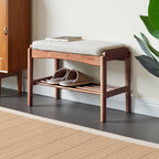 Solid Wood Shoe Bench, 24 Inch Entryway Bench with Light Gray Cushion | Warm walnut wood grain and light gray cushion create an elegant neutral bench for modern home interiors.