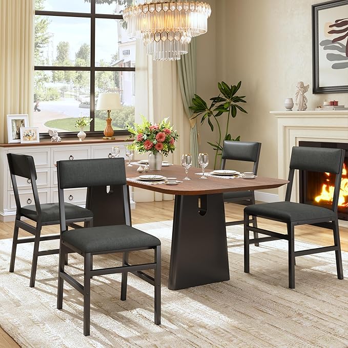 Dining Chairs Set of 4, Upholstered Modern Dining Room Chairs with Ergonomic Backrest, MDF Board and Metal Legs, Fabric Kitchen Chair for Dining, Kitchen and Living Room, Easy Assembly, Black