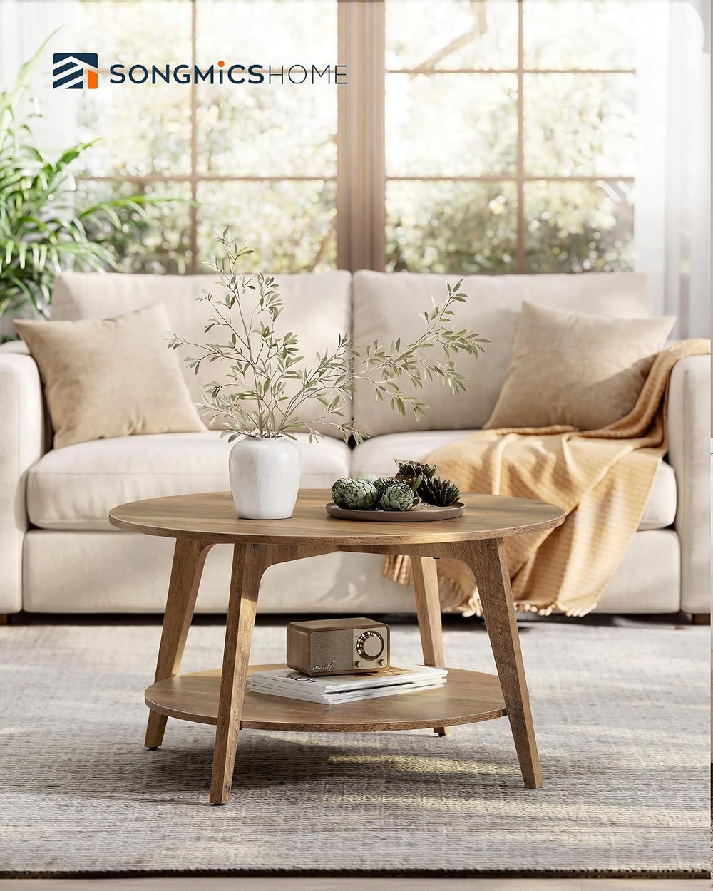 SONGMICS HOME Round Coffee Table, 2 Tier Living Room Center Table, Mid Centur...