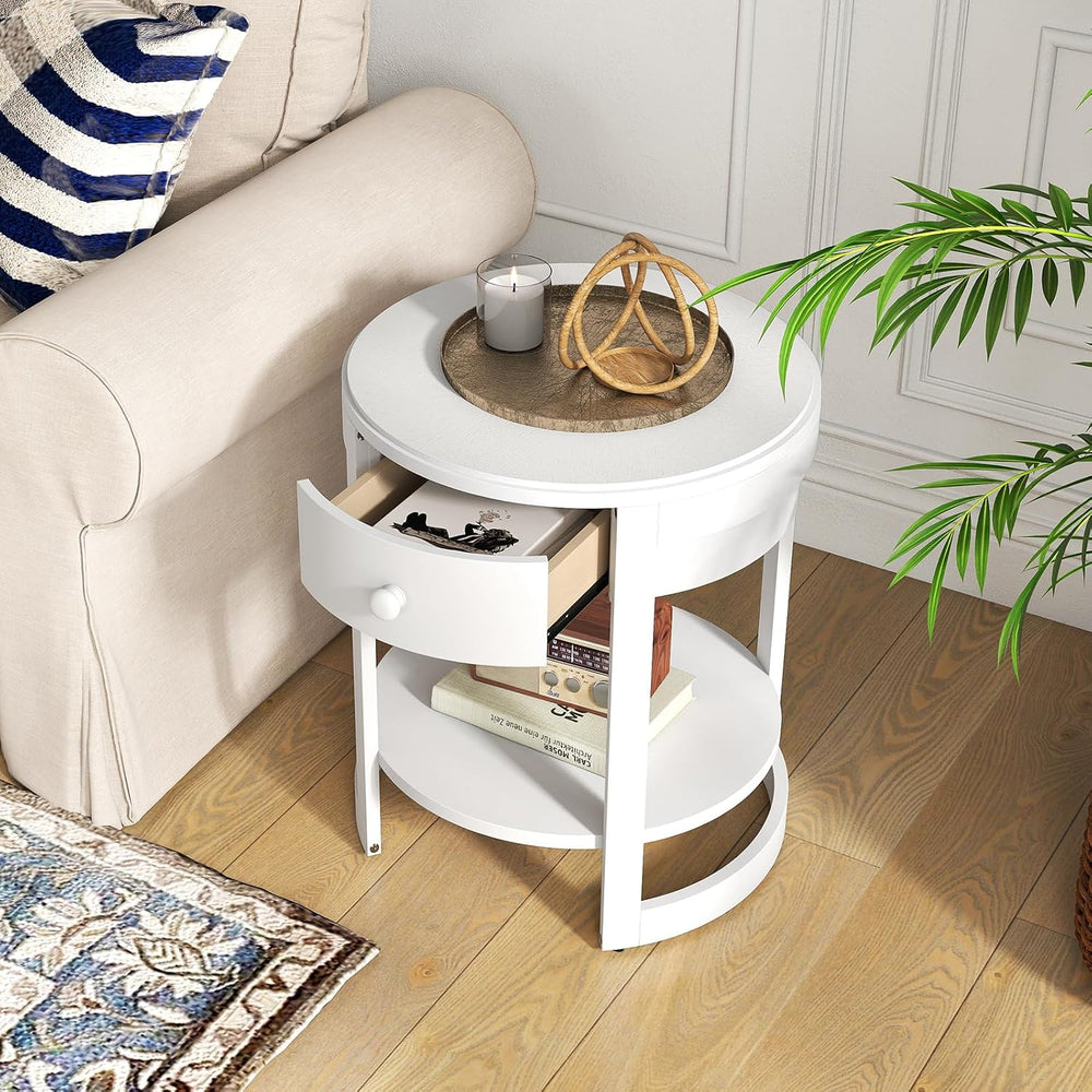 GOFLAME Round Side Table with Drawer, Retro 2-Tier Nightstand with Shelf &amp...