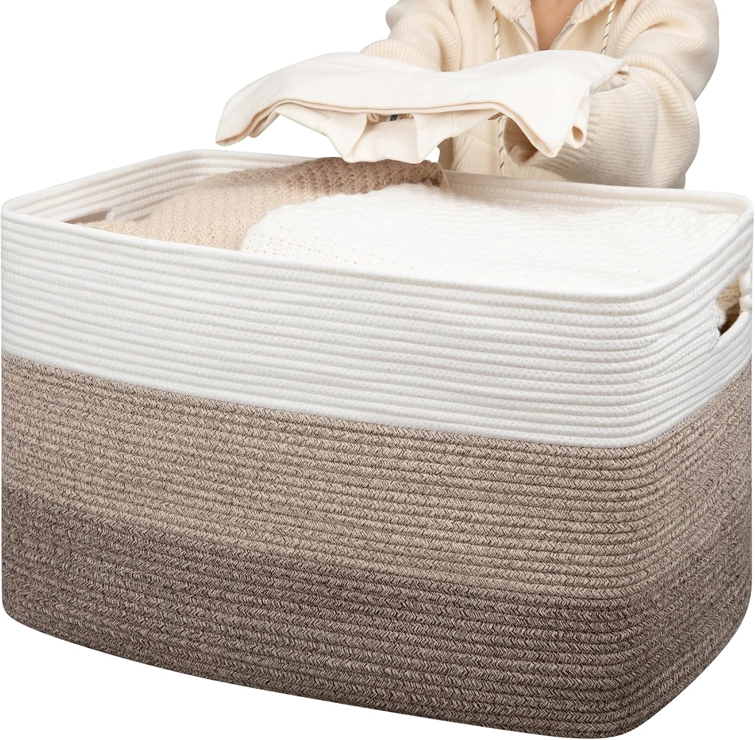 OIAHOMY 118L Extra Large Blanket Basket, Rectangle Woven Cotton Rope Storage Basket,Used for storing Dirty Clothes, Stuffed Animal Toy Storage for Living Room,Kids Room,25" x 17" x 16", Gradient Brown