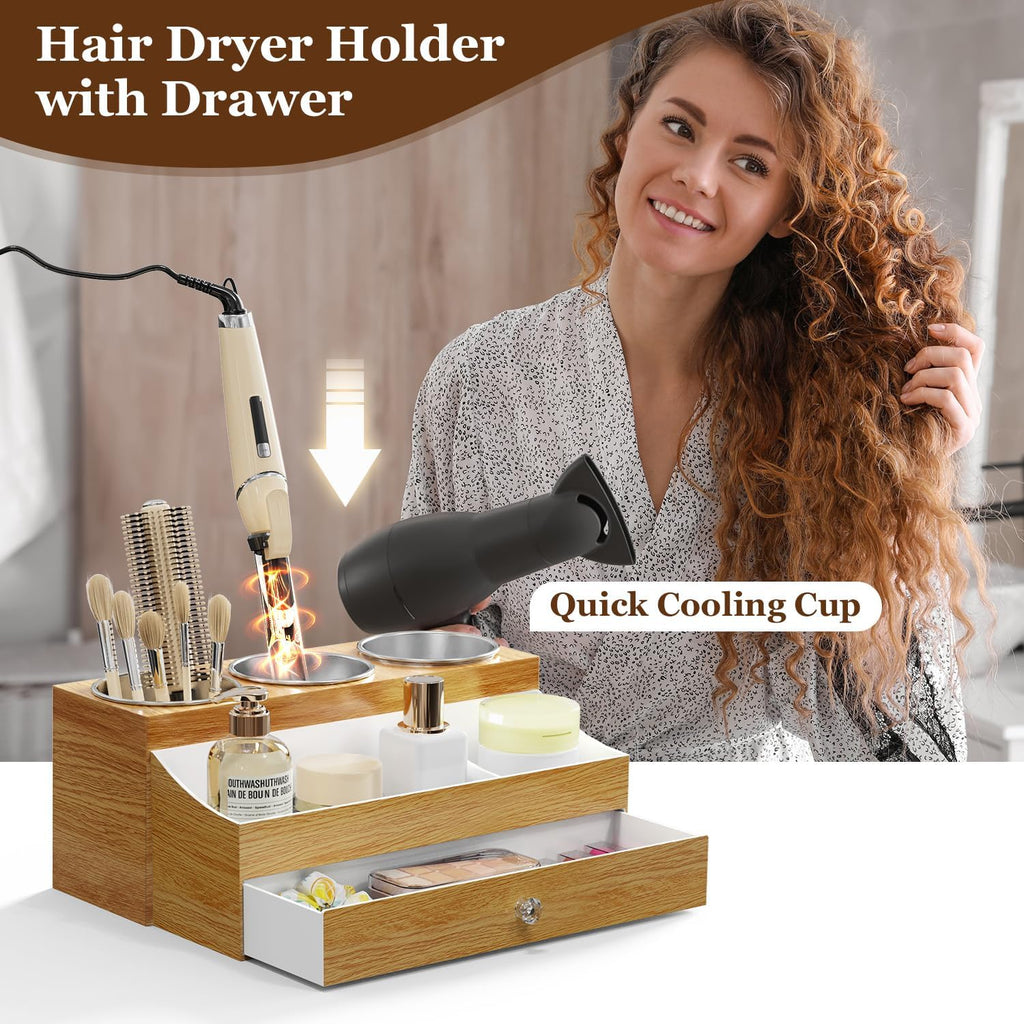 Acrylic Hair Dryer Holder with Drawer, Bathroom Organizer Countertop Drawers with 3 Stainless Cups, Makeup Vanity Accessories, Hair Hot Tools Organizer, Toiletry, Wood
