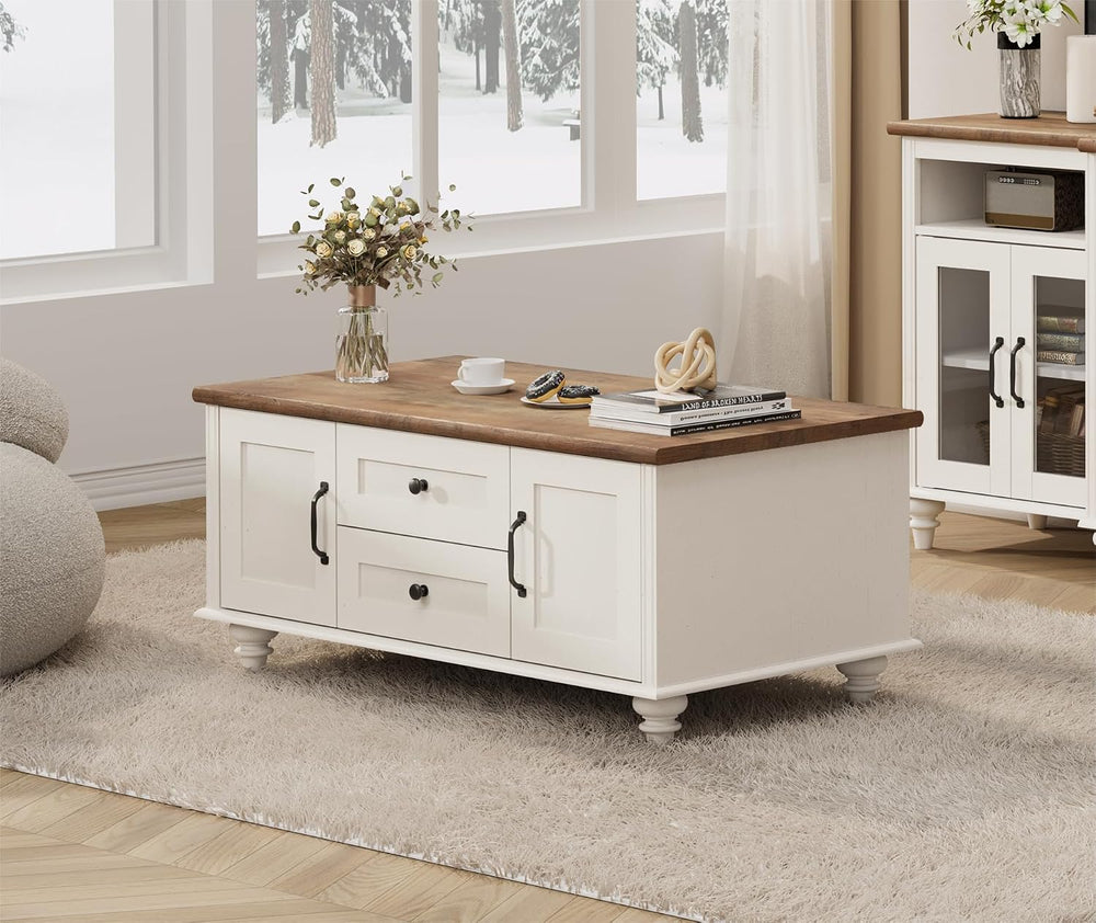 WAMPAT White Coffee Table Set of 3, One Wood Center Table with Drawers, 2 End...