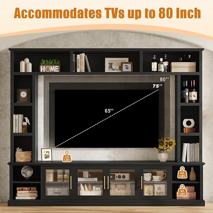 Merax 95" Entertainment Center for TVs up to 80", All-in-One TV Stand with Bookshelves & Storage Cabinets & Tempered Glass Doors & Adjustable Shelves, Modern Living Room Wall Unit Media Console, Black