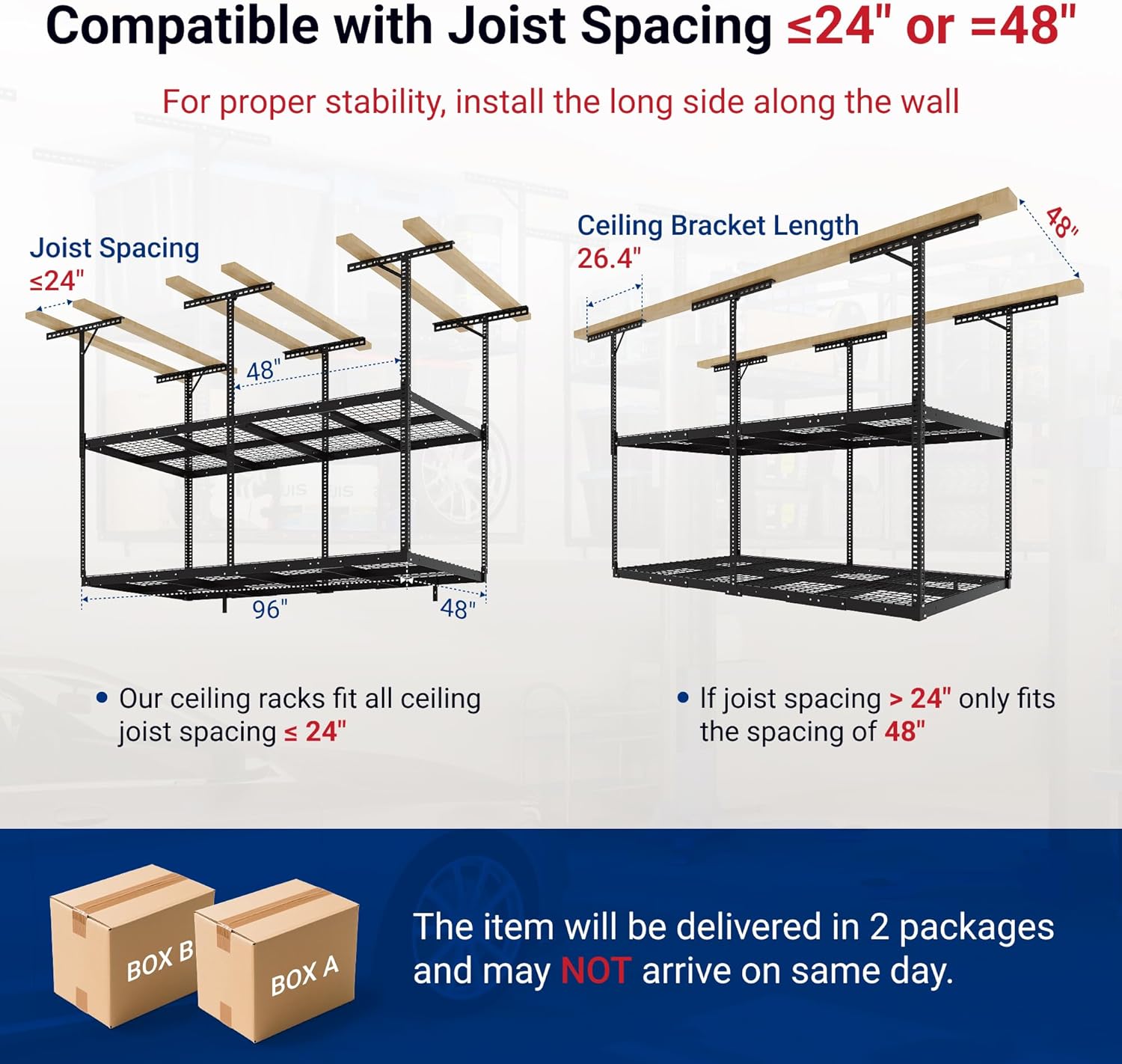 FLEXIMOUNTS 4x8 2-Tier Overhead Garage Storage Rack – Adjustable Heavy Duty Metal Garage Ceiling Storage Racks, 1000 lbs Capacity – Garages Organization System for 9–15 ft Tall Garages, Black