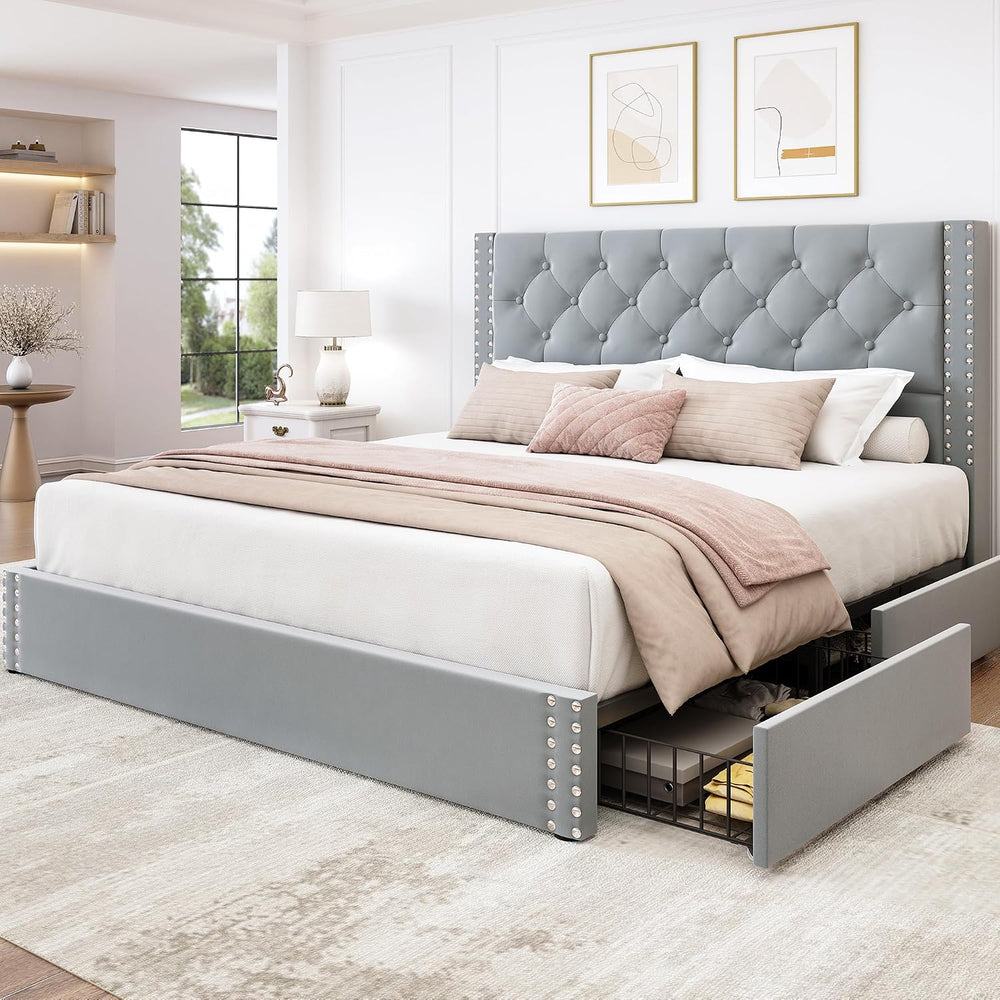 LARMACE Full Size Bed Frame Upholstered Platform Bed with 4 Storage Drawers a...