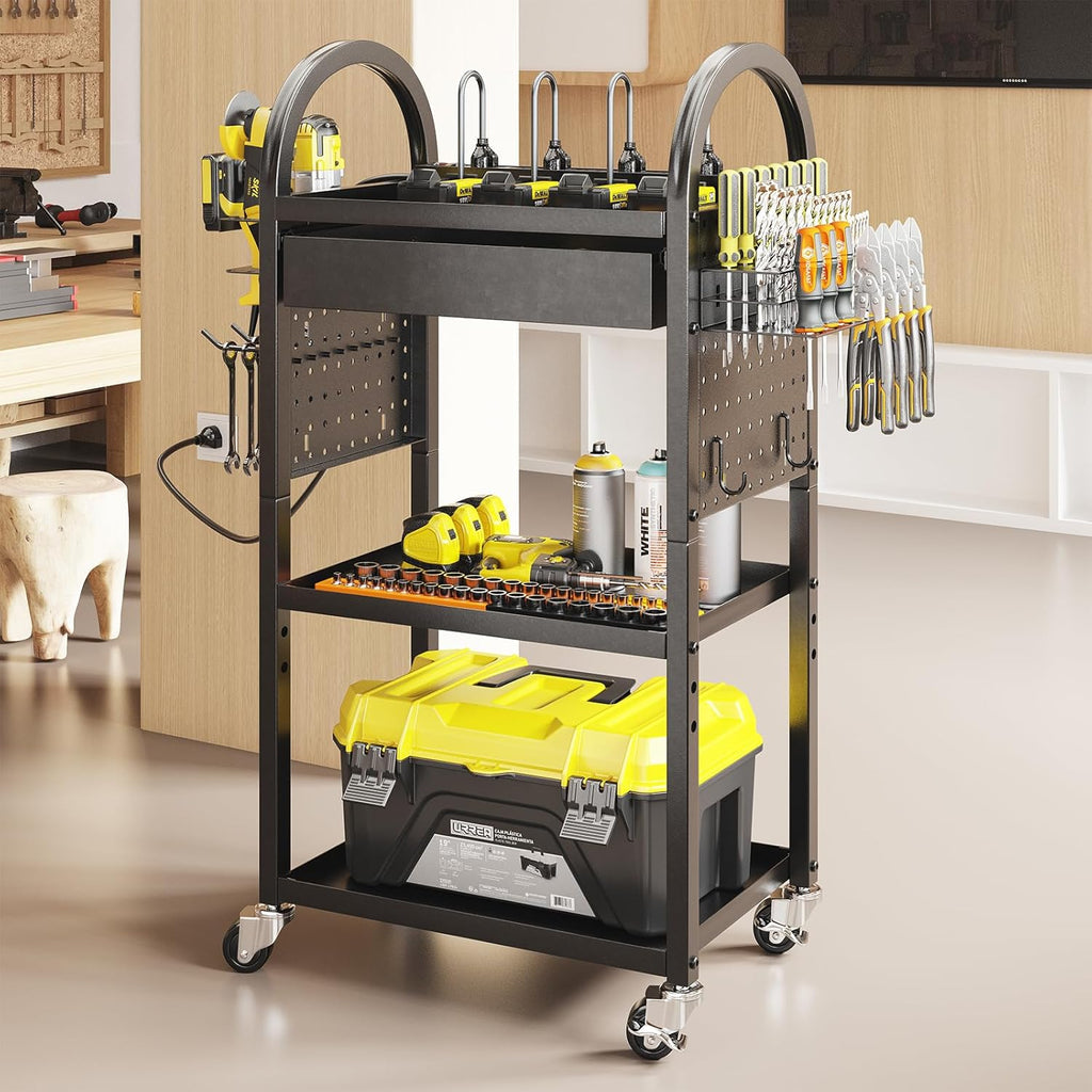 Warome Power Tool Organizer Cart, Dual-Sided Drawer Tool Storage Rack on Wheels with 8-Outlet Charging Station & Pegboard Accessaries, Utility Rolling Cart for Garage Workshop Organizers and Storage