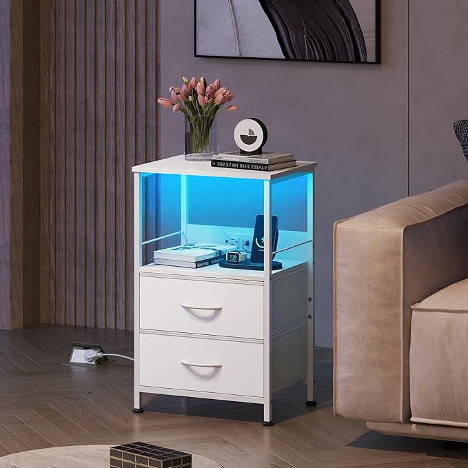 WLIVE White Night Stand Set of 2 with Charger Station, LED Nightstand with 2 ...