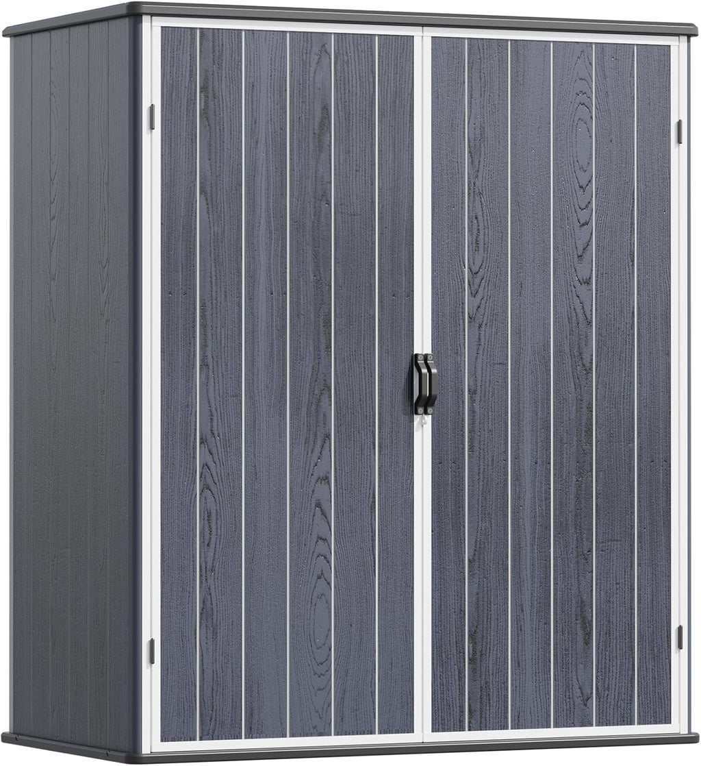 Devoko 5 x 3 Resin Outdoor Storage Shed with Floor - Waterproof Plastic Outdoor Tool Cabinet with Lockable Doors for Patio Furniture, Pool Accessories, Garden Tools (Deep Gray)