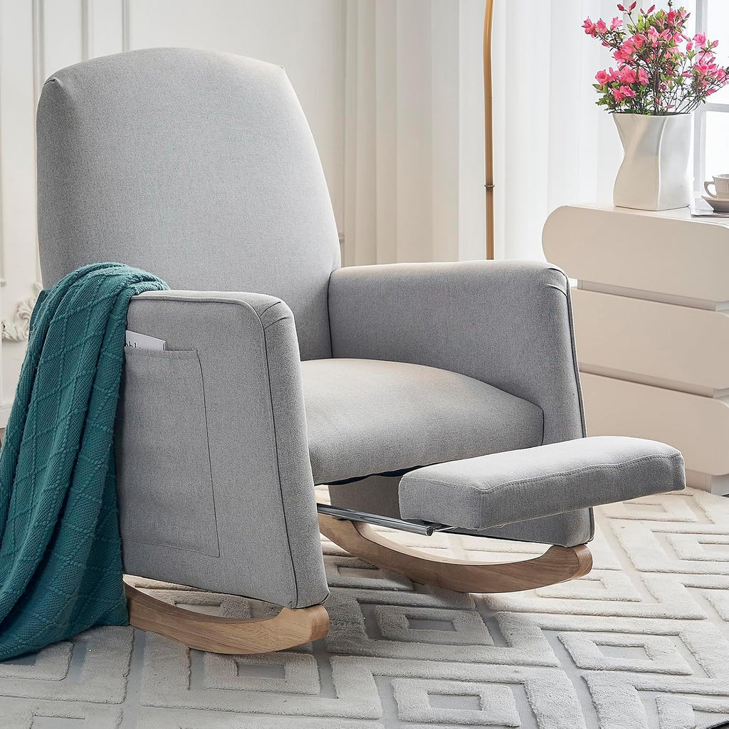 Rocking Chair Nursery with Foot Rest, Nursing Rocking Chair with High Backrest, Glider Rocker Chair for Living Room, Bedroom, Nursery(Cotton Linen Light Gray)