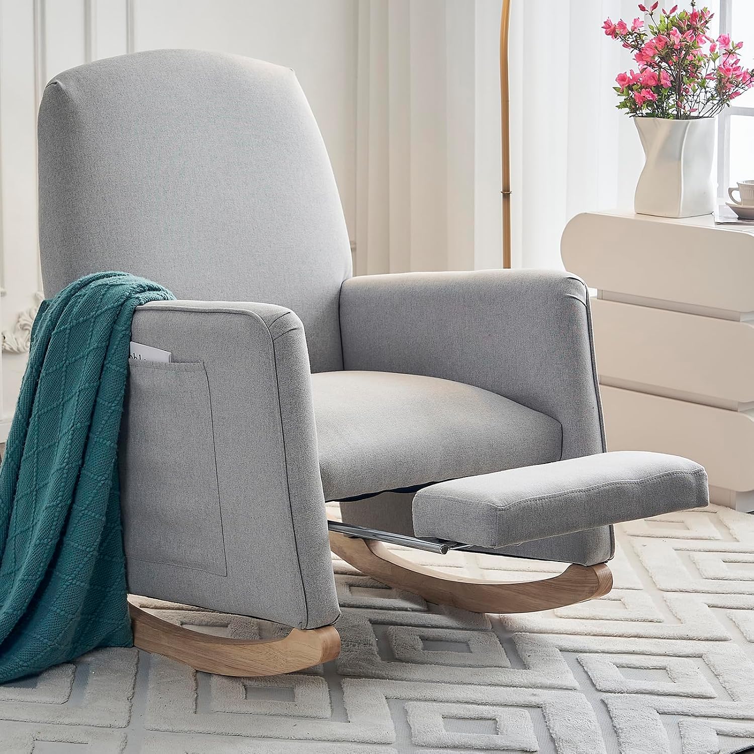 Rocking Chair Nursery with Foot Rest, Nursing Rocking Chair with High Backrest, Glider Rocker Chair for Living Room, Bedroom, Nursery(Cotton Linen Light Gray)