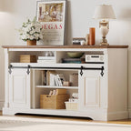 IRONCK Farmhouse TV Stand for 65+ Inch TV, 59" Entertainment Center with Storage Cabinets and Sliding Barn Door, Media Console for Living Room, White