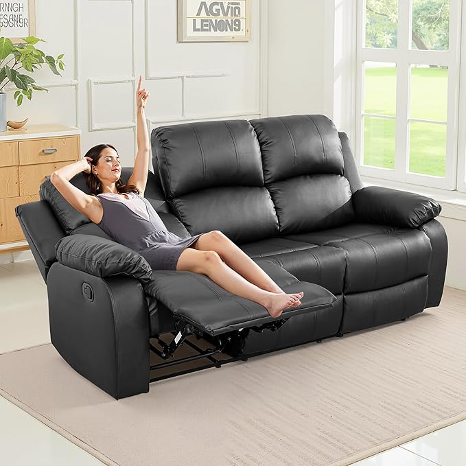 Recliner Sofa Set Couches for Living Room Chair Semi PU Fabric Living Room Furniture Sets, Adjusted Loveseat Reclining Couch Furniture Sofa Set for Theater Seating, 3-Seater, Black