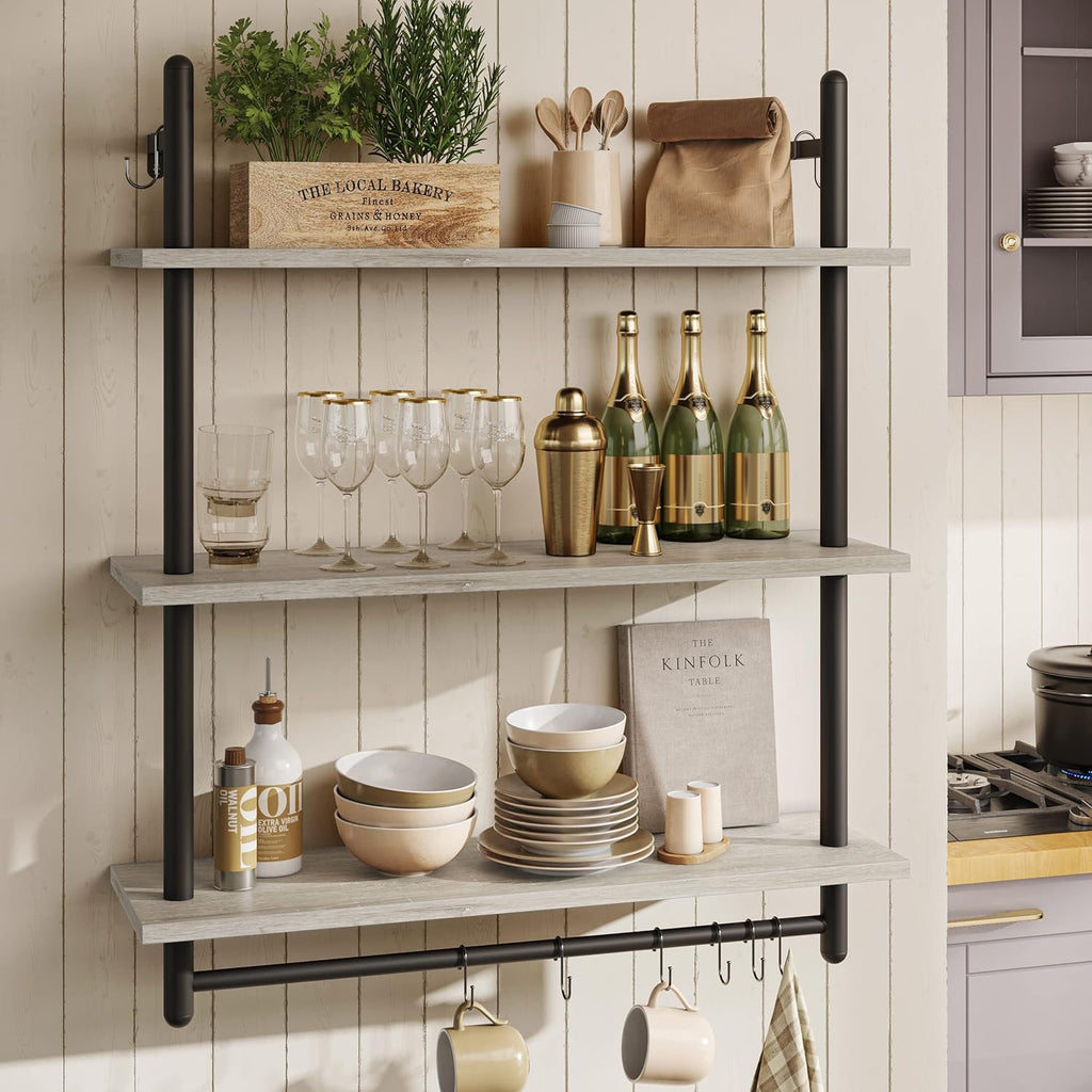 Bestier 3 Tier Industrial Pipe Shelving, Floating Book Shelves for Wall, Storage Hanging Shelves with Towel Bar for Bathroom Organizer Bedroom Kitchen Plants Office. 31.5 Inch Retro Grey