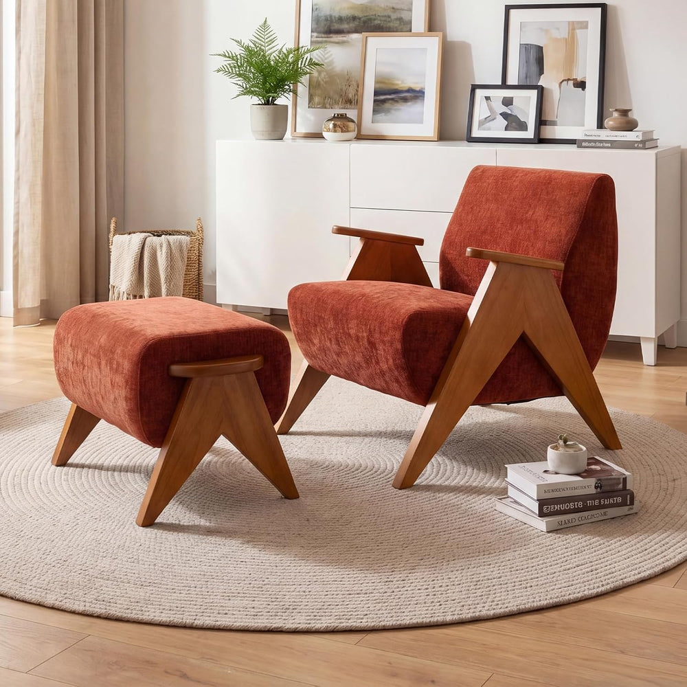 Linen Padded footstools Mid Century Modern Ottoman with Wood Frame, Lounge Up...