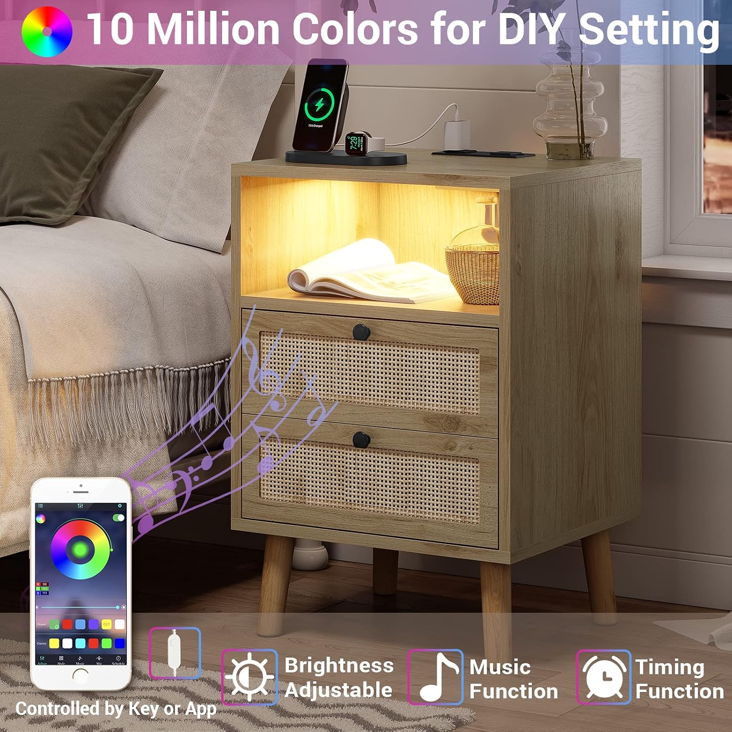 AOGLLATI Rattan Nightstands Set of 2 with Charging Station and LED, Boho Night Stand with 2 Drawers and Open Storage, Boho Wood Bedside Table for Bedroom
