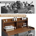 2-Tier Washer Dryer Countertop, 18.5" Raised Height Laundry Countertop with Edge Rails and Non-Slip Pad, 54"W x 27.55"D Washer and Dryer Topper for Laundry Room Storage Organization (Brown)