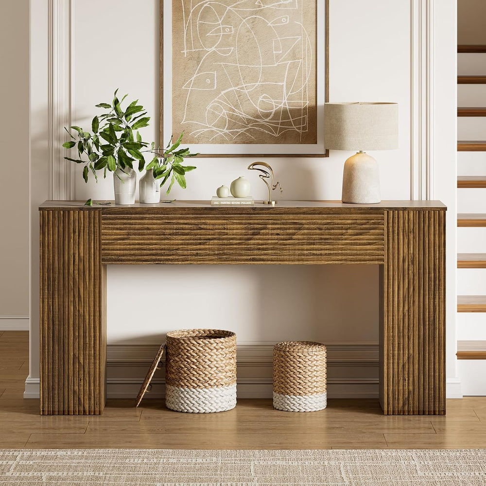 FABATO 61'' Fluted Long Console Table, Wooden Rectangular Sofa Table ...