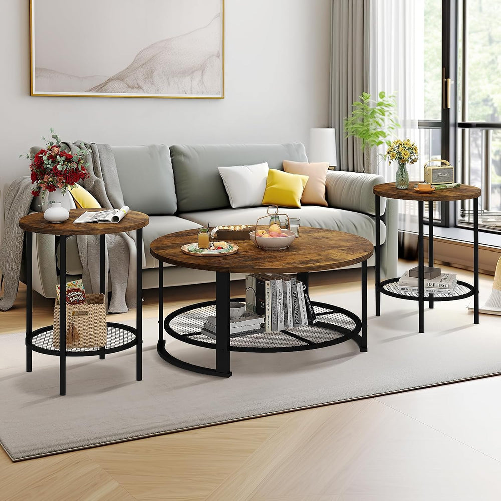 Recaceik Round Coffee Table and End Table Set of 3 with Storage, Modern Vinta...
