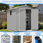 Greesum 6x6FT Plastic Outdoor Storage Shed with Floor, Resin Sheds with Lockable Double Door, All-Weather Tool Sheds with Window and Vents, for Garden, Backyard, Patio, Light Gray