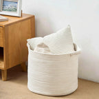 Blanket Basket (16" Dx14 H) - Round Woven Rope Storage for Living Room Throws, Pillows & Laundry- White
