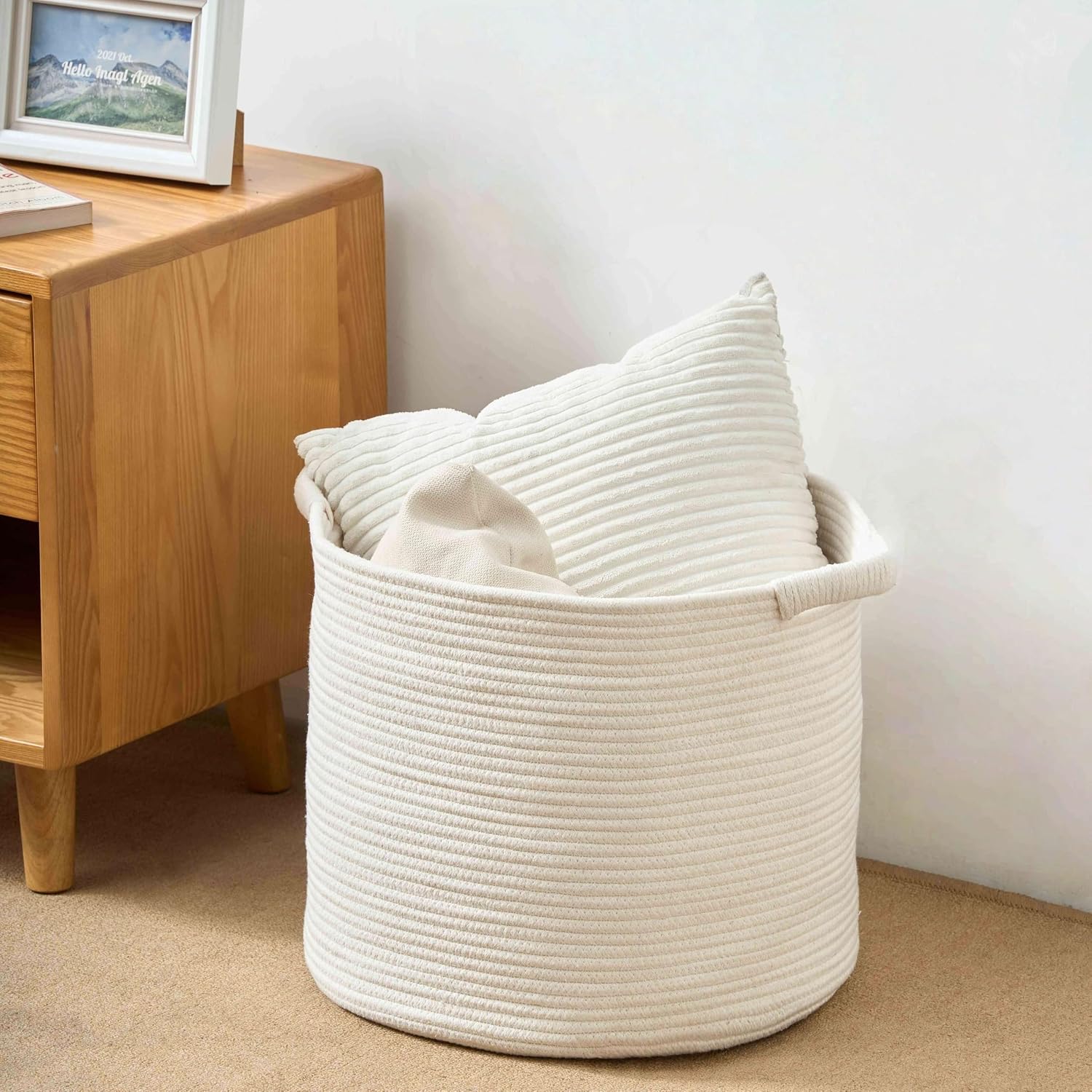 Blanket Basket (16" Dx14 H) - Round Woven Rope Storage for Living Room Throws, Pillows & Laundry- White