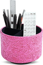 lizimandu Round Leather Art Supply Organizer,Remote Control Holder,360 Degree Spinning,Multi-Functional Pencil Holder,4 Compartments Desktop Stationary Organizer(1-Carved Red2)