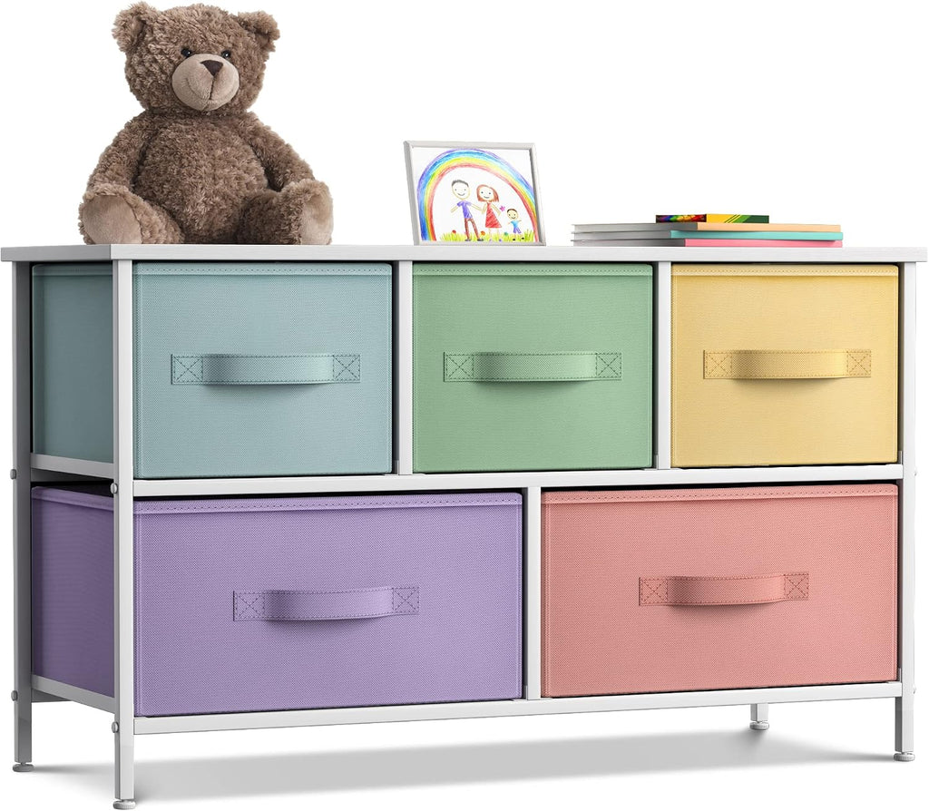 Sorbus Kids Dresser with 5 Drawers - Storage Chest Organizer Unit with Steel Frame, Wood Top, Easy Pull Fabric Bins - Long Wide TV Stand for Bedroom Furniture, Hallway, Closet & Office Organization