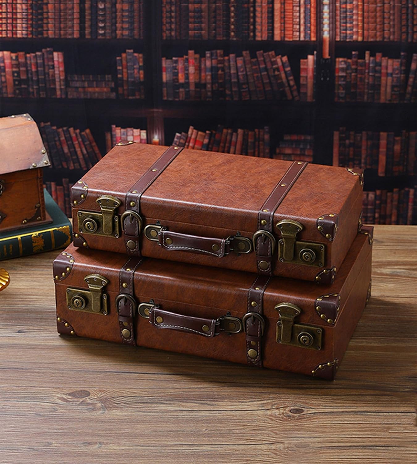 feilario Vintage Leather Storage Trunk, Wooden Core Decorative Prop | Wooden core, leather wrap and riveted corners create vintage charm for decor, photoshoots, gifting and display