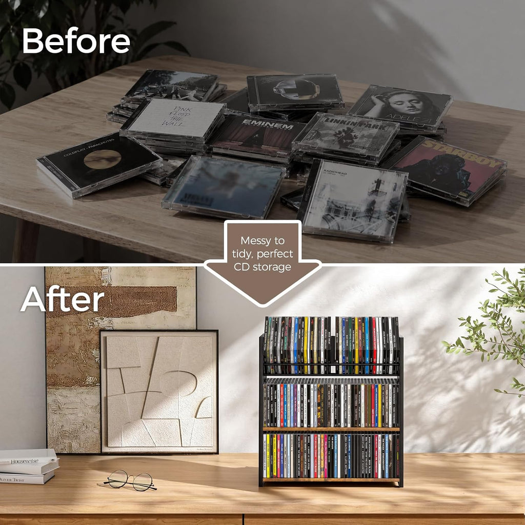 3-Tier CD Holder for 120 CDs, Wooden and Metal CD Storage Rack For DVDs | Top Shelf Shows Favorite Album Art, Open Tiers Keep CDs and DVDs Sorted For Retro Music Corners