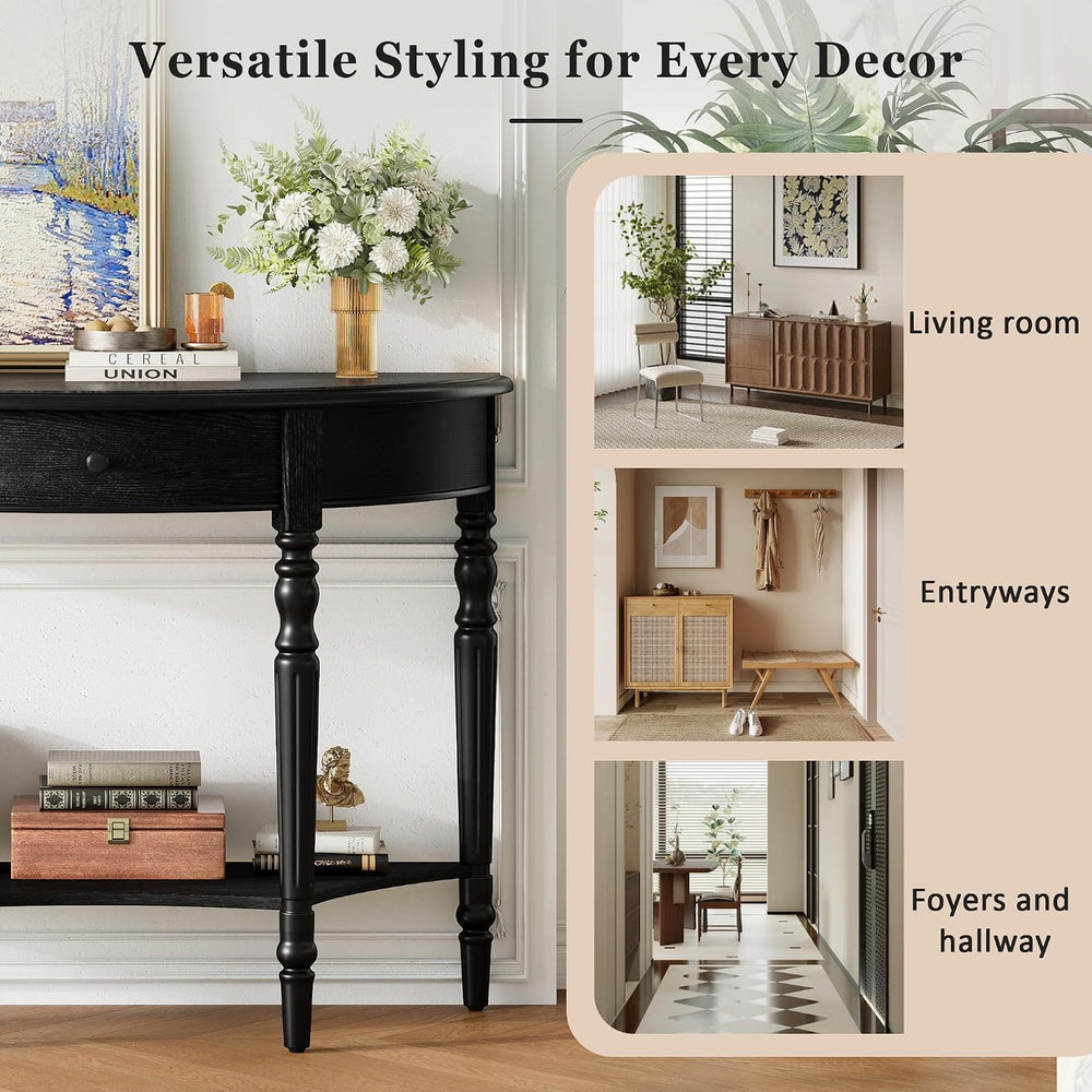 LUMISOL Half Moon Entryway Table with Drawer & Shelf, Black | Rustic Cons...