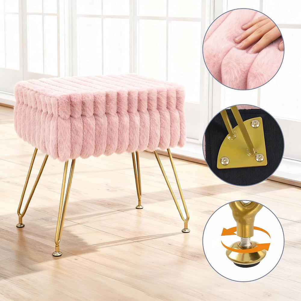Vanity Stool Chair with Storage, Faux Fur Soft Padded Ottoman with Coffee Tab...