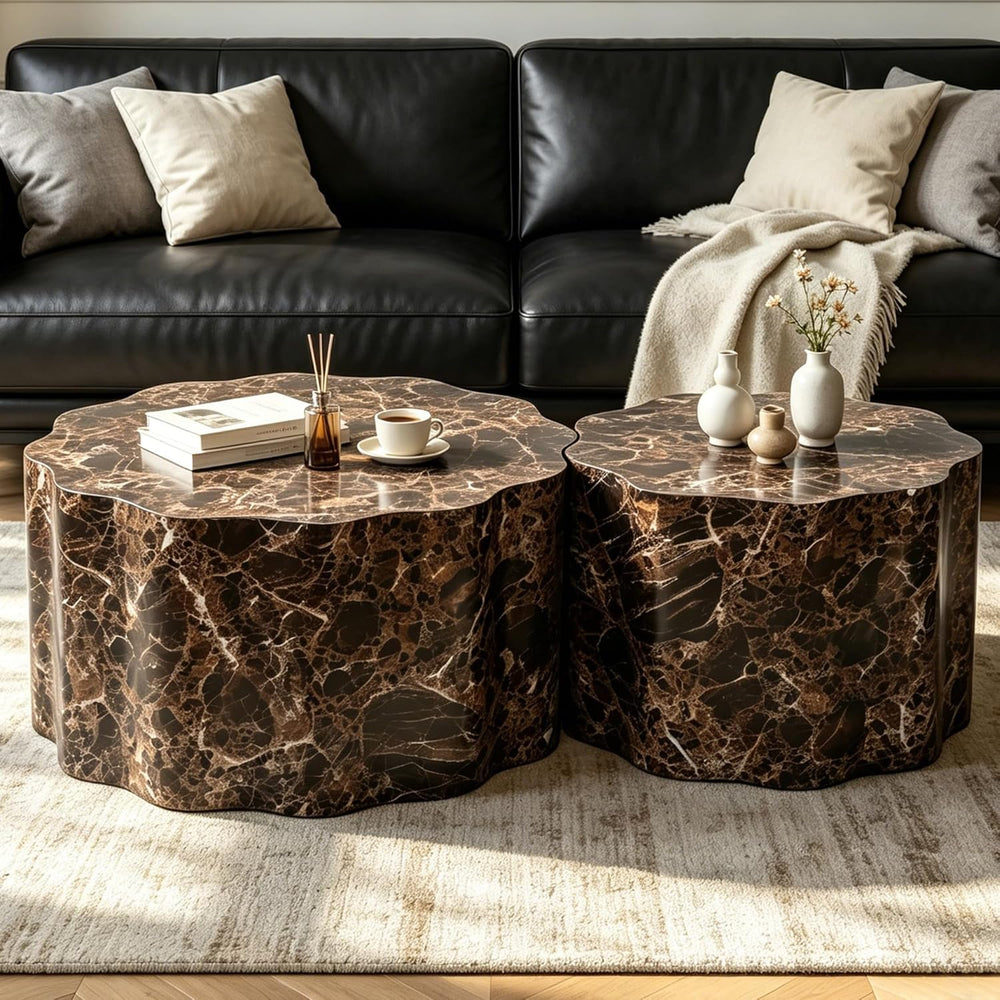 Round Coffee Table Set of 2 with Marble Look Veneer,Round Coffee Table and Si...