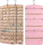 2 Pack Hanging Jewelry Organizer Storage with 39 Pockets, 30 Necklace Hooks Double Sided Wall Mount Earring Holder Organizer Bracelet Necklace Jewelry Display Hanger for Closet Door(Pink)
