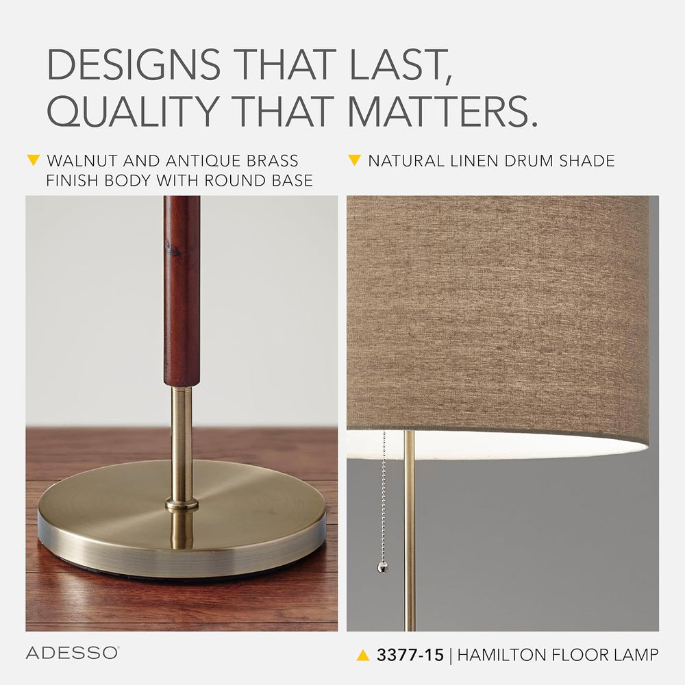 Adesso Floor Lamp, Natural Oak & Off-White Fabric, 3-Way, 65.5”