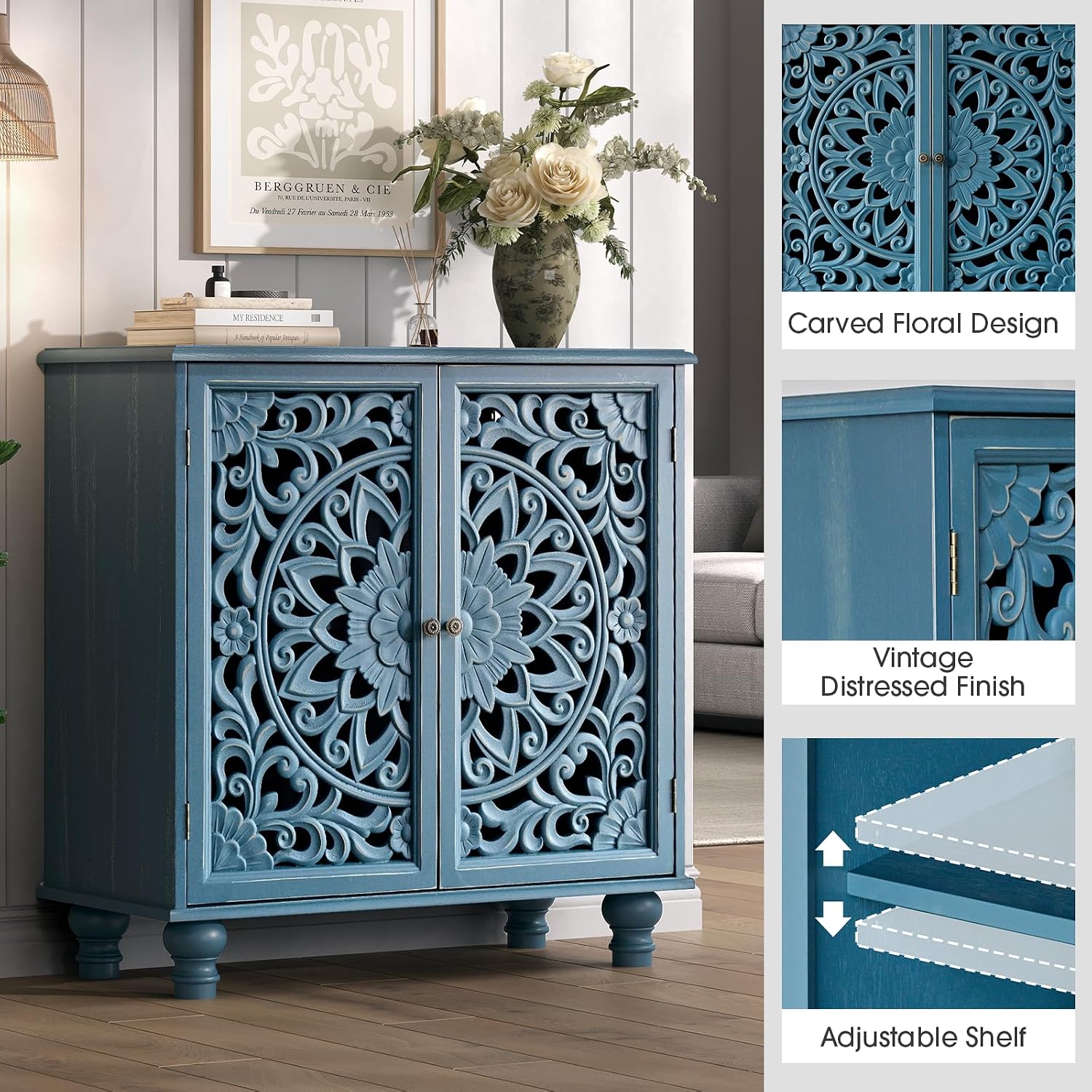 JOINICE 31" Accent Storage Cabinet with Carved Doors,Mandala Blue | Carved Floral Design, Solid Wood Legs, Versatile Storage for Living Room & Bedroom & Hallway, Adjustable Shelf, Easy Assembly