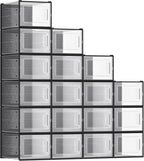 SONGMICS Shoe Boxes, Pack of 18 Shoe Storage Organizers, Stackable Clear Plastic Boxes for Closet, Sneakers, 13.7 x 9.9 x 7.4 Inches, Transparent and Black ULSP007B18