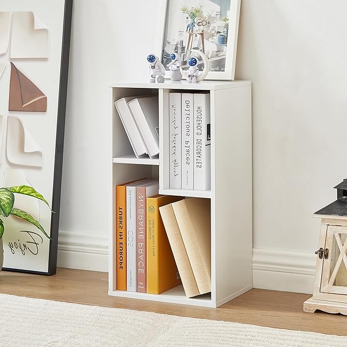 VECELO 3-Cube Bookcase, 2-Tier Customized Storage Display Shelf, Bookshelf with Height Difference Fits Tallest Hardcovers, Horizontal Available, Free Standing for Home Office, Pearl White