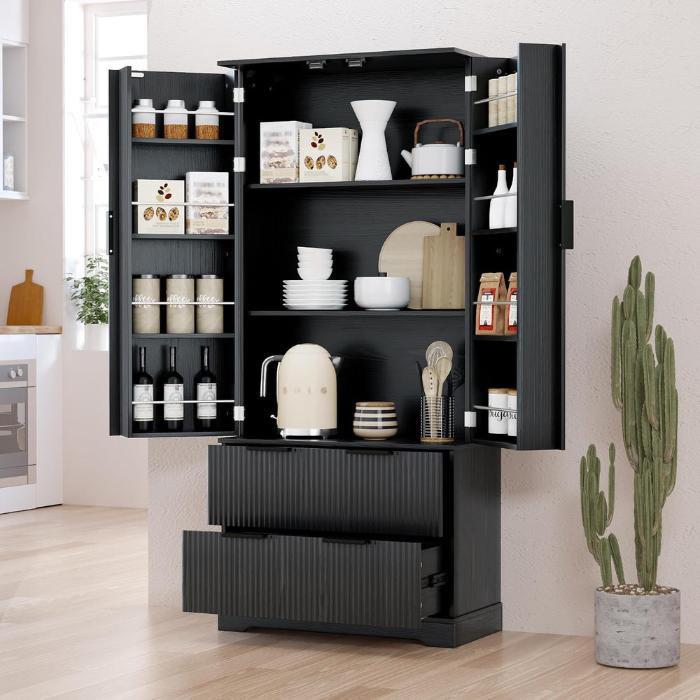 72" H Modern Kitchen Pantry Cabinet with 2 Large Drawers & 8-Door Sp...