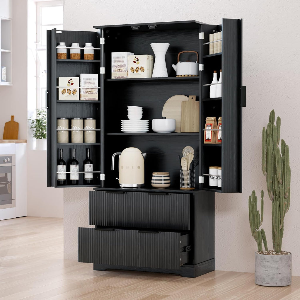 72" H Modern Kitchen Pantry Cabinet with 2 Large Drawers & 8-Door Spice Rack, Freestanding Sideboard Hutch Cabinet for Bathroom, Dining Room, Office, Entryway,Black