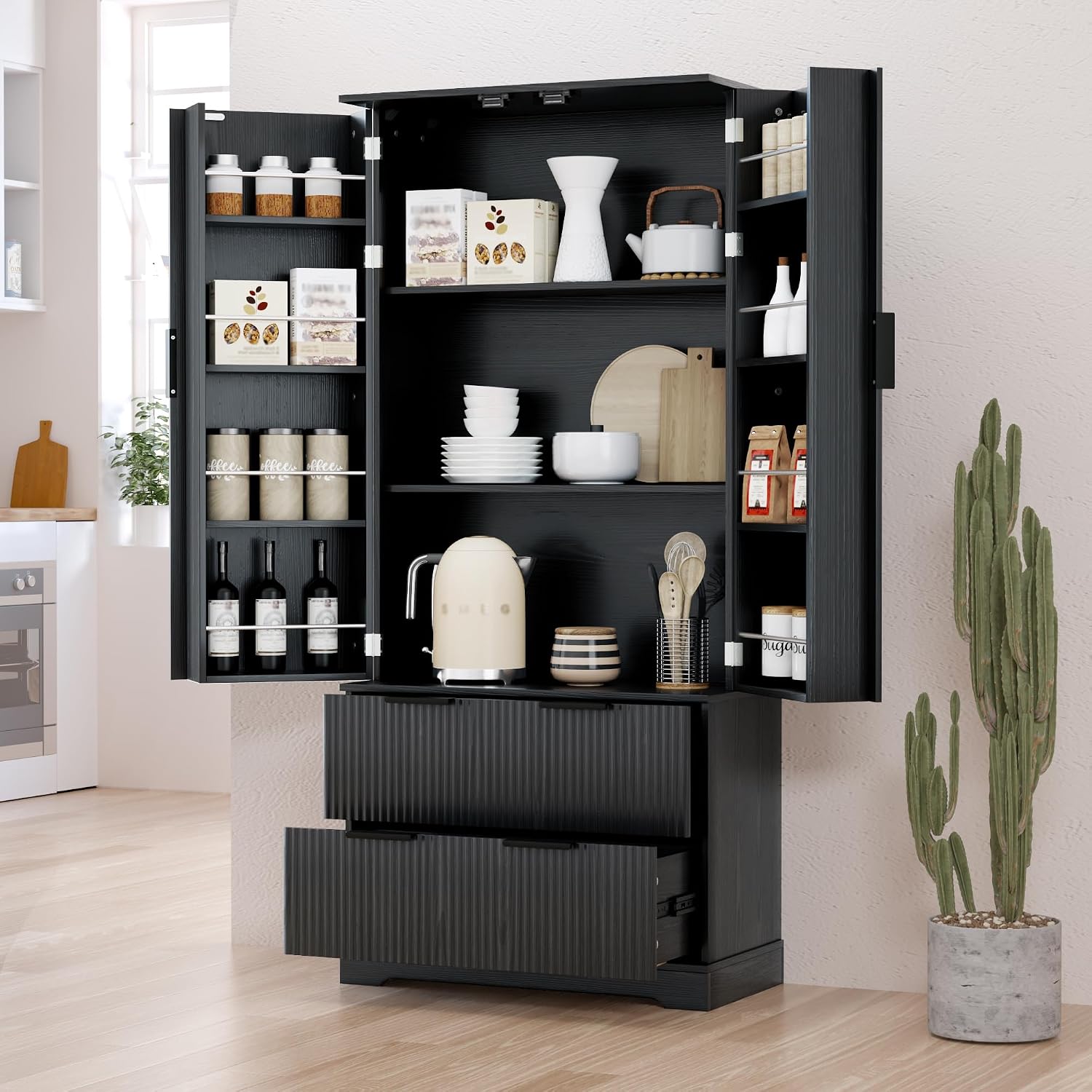 DSHADE 72'' Modern Fluted Kitchen Pantry Cabinet - 2 Drawers & 8-Door Spice Rack, Freestanding Storage Organizer for Bathroom, Dining Room, Office, Entryway, Black, Easy Assembly