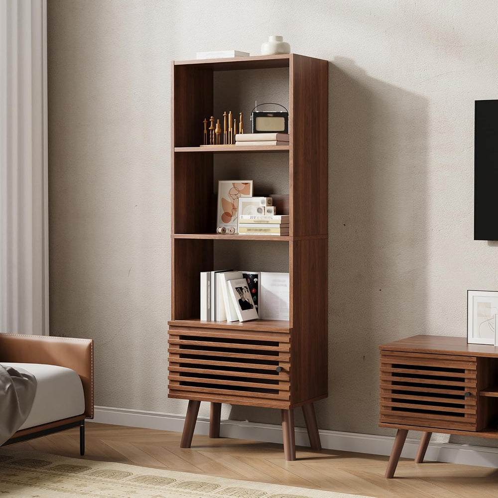 Furnify 4-Tier Narrow Bookcase with Open Shelf and Slatted Door, Walnut